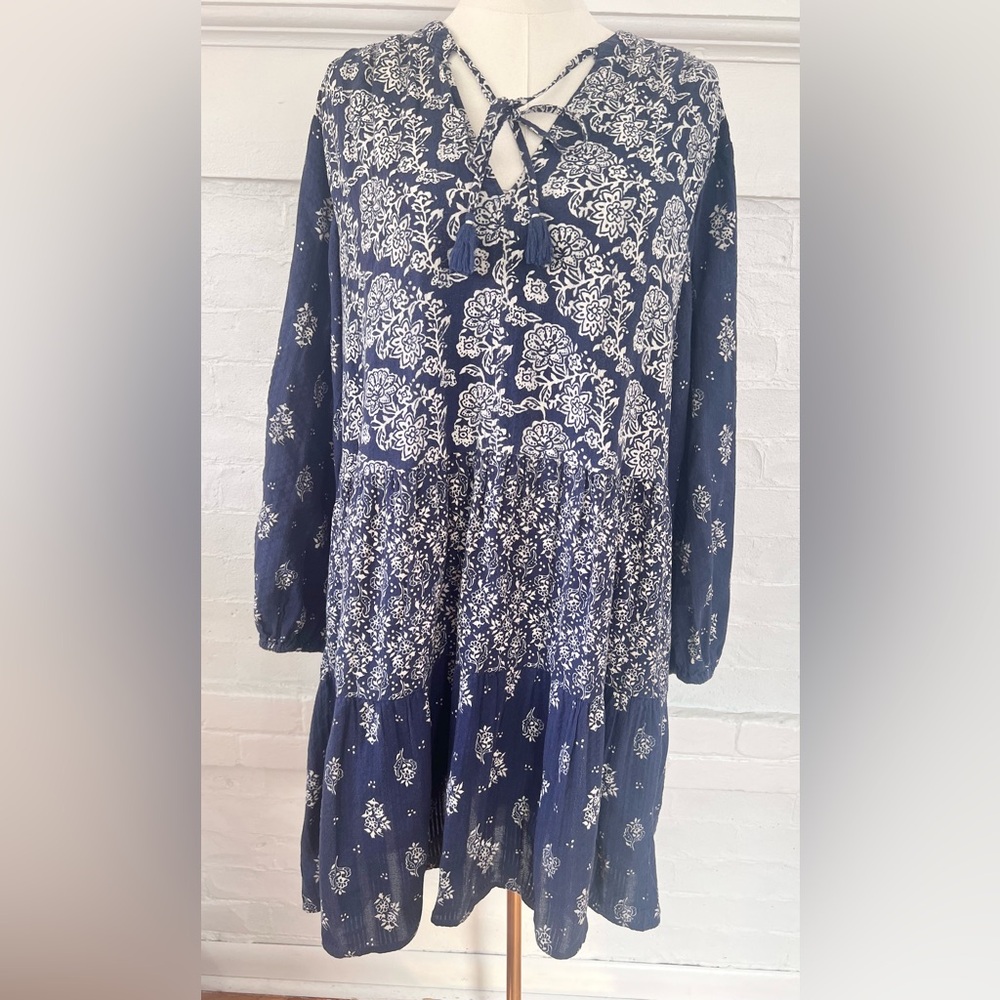 Anthropologie Maeve Carlita Tierd Tunic Dress Cotton Blue Floral Mini Bo… - Picture 4 of 13
